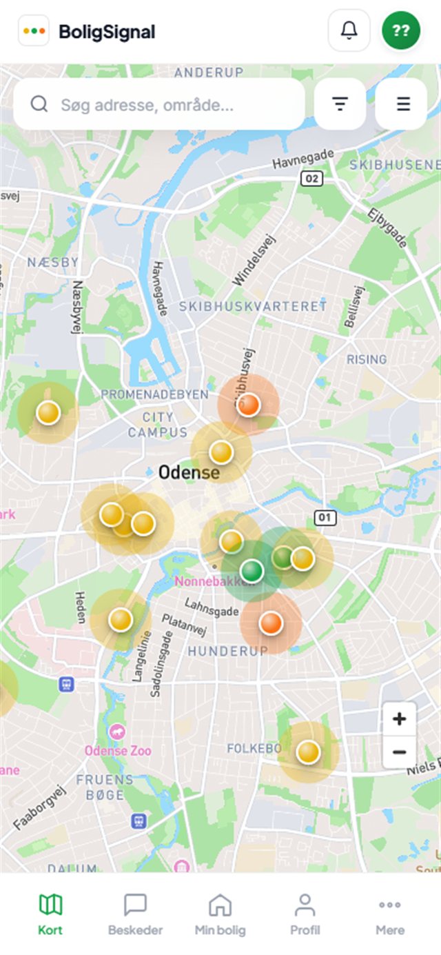BoligSignal-appen: kort over Odense med gule, grønne og orange signaler