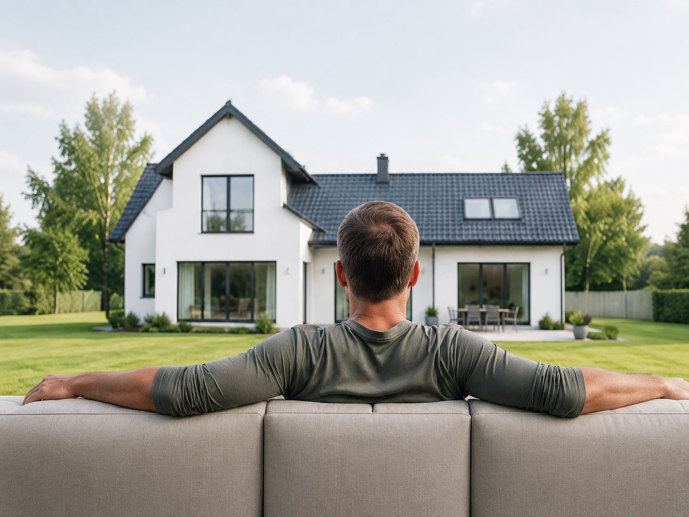 Boligejer sidder i sin have og kigger på sit hus